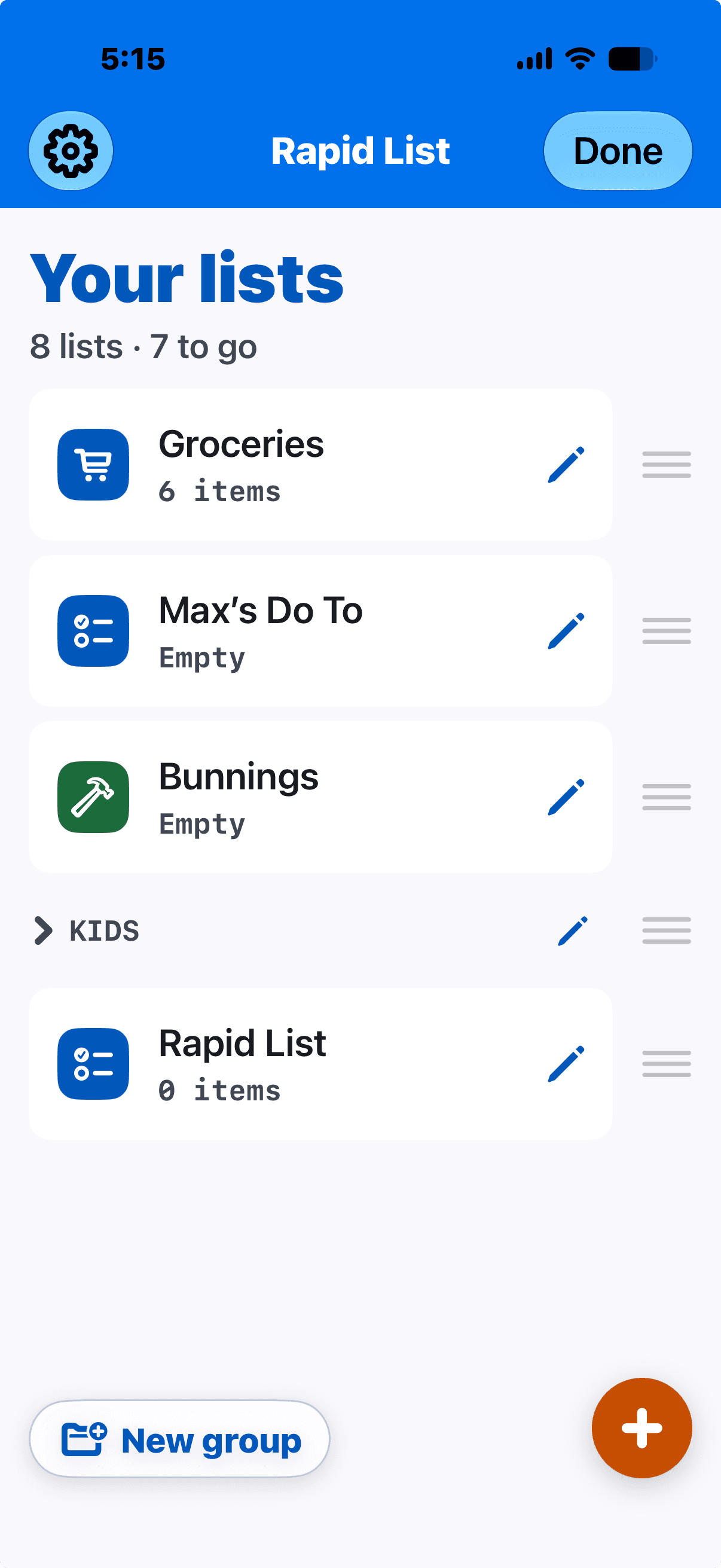 The lists page with the Kids group folded shut, so only its heading shows