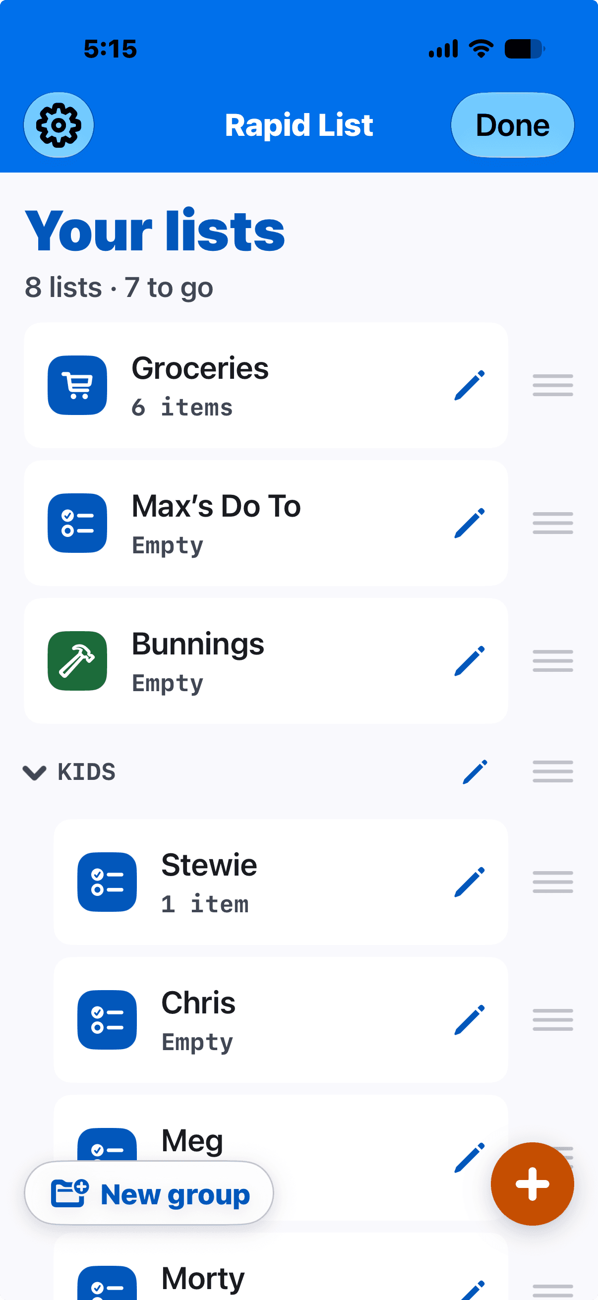 The Rapid List lists page, showing Groceries, Bunnings and a Kids group of lists